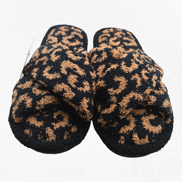 ComfyLuxe Black Leopard Print Cozy Fuzzy Slippers M/L (8–10) Plush Crossband NWT - Picture 2 of 9
